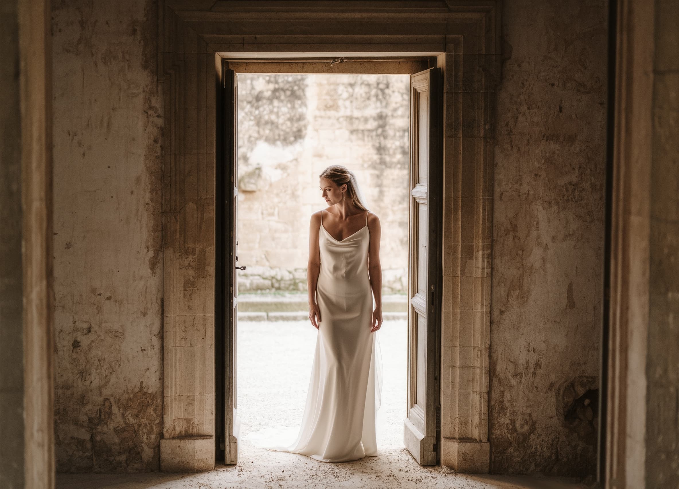 Wedding photo – bride in white dress standing in sunlit doorway, Tuscany Italy