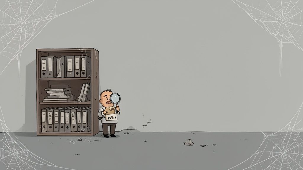 Cartoon man with magnifying glass examines 'politics' document in dusty, spiderweb-filled office.