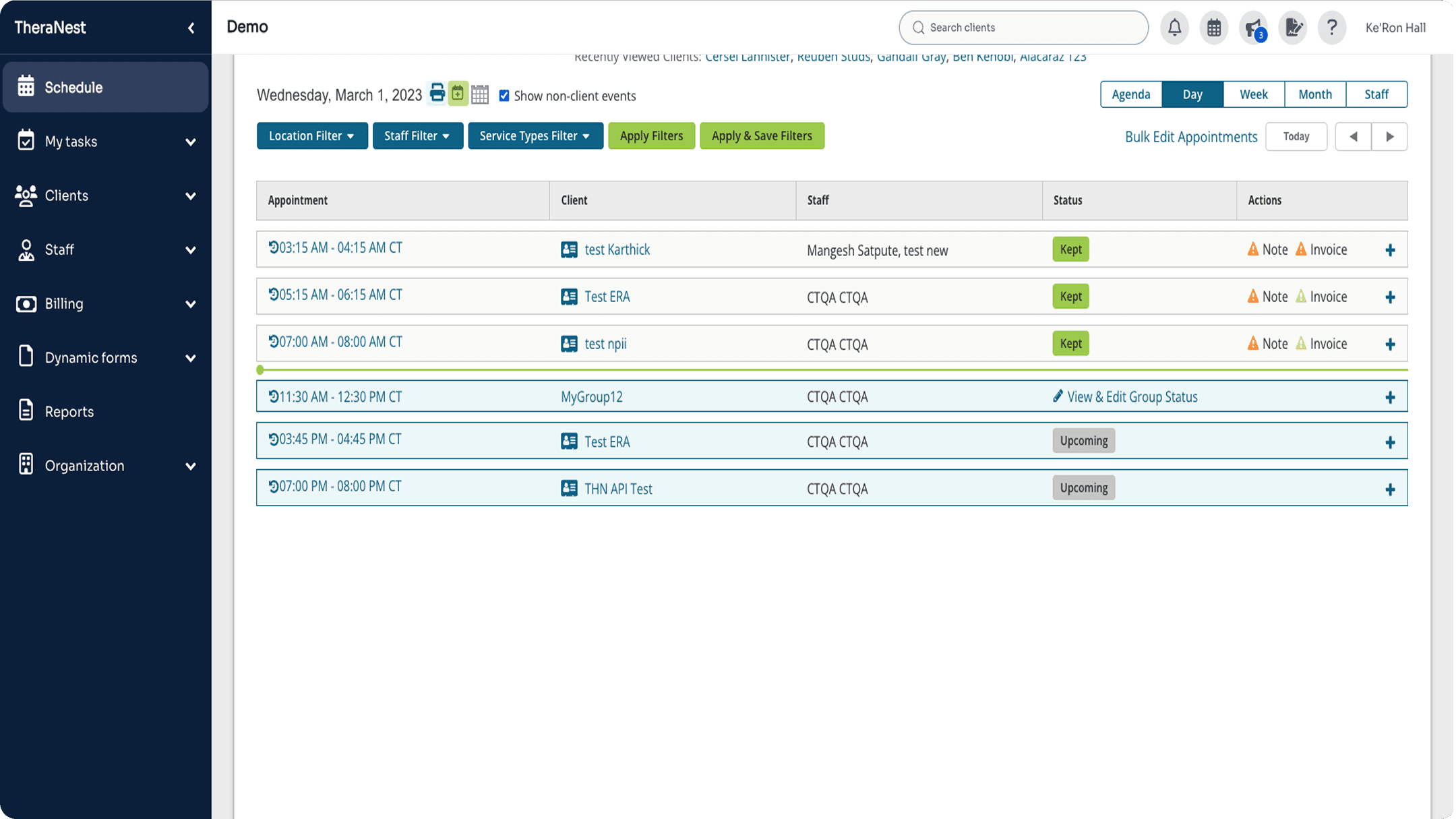 TheraNest schedule displayed in a compact list view, showing multiple appointments with time ranges, client names, staff assignments, and action links