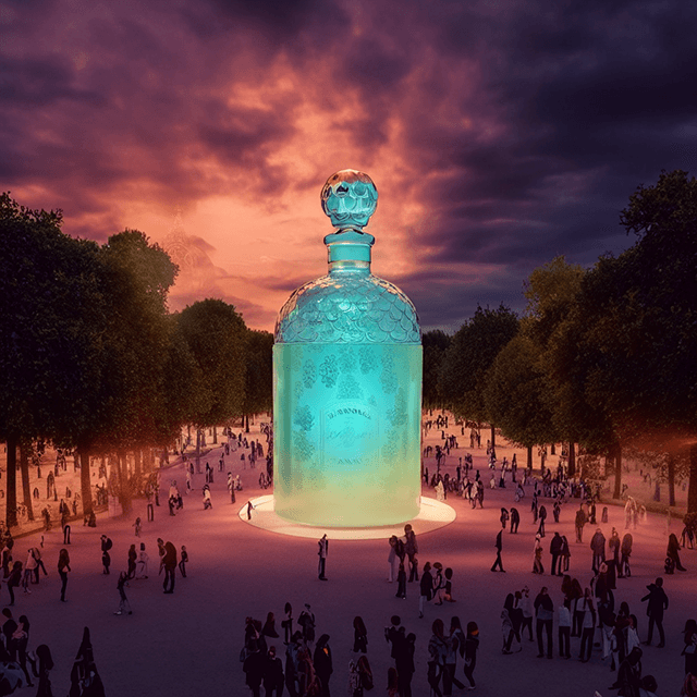 A massive Guerlain Bee Bottle reinterpred as a piece of art in the middle of a place.