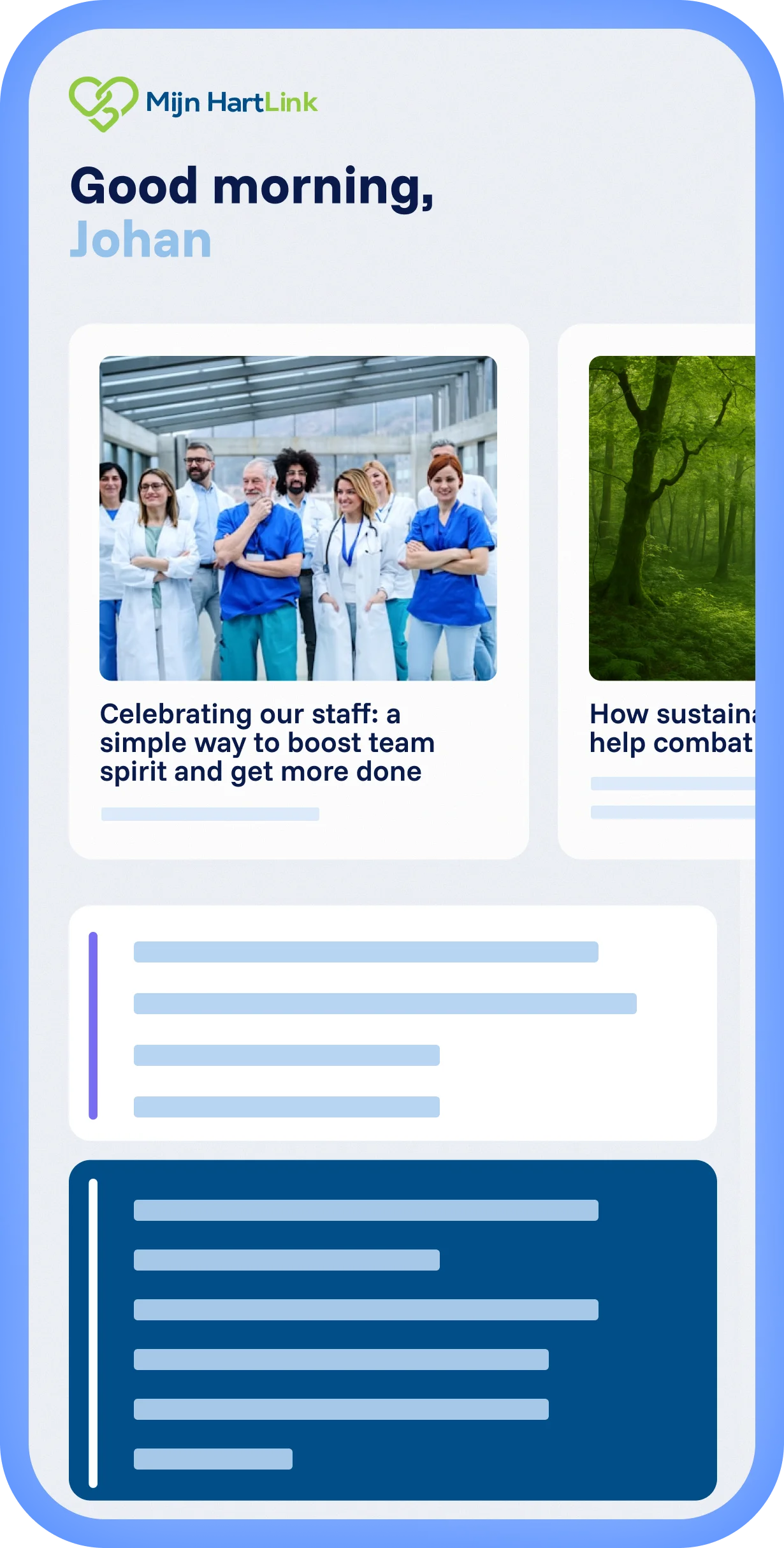 Spencer platform with local experience and custom Van Laere branding, personalized feed with articles and a clear layout