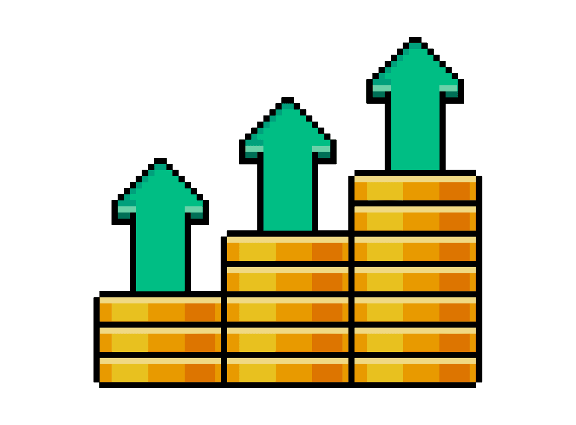 Green upward-trending pixel arrows pointing behind stacked gold coins.