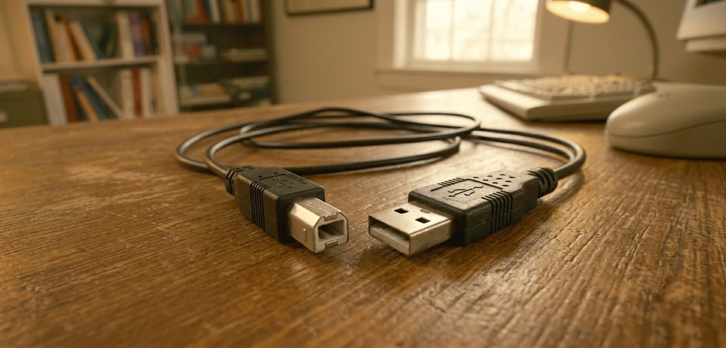 USB Type-B cable — the boxy connector that plugs into most printers