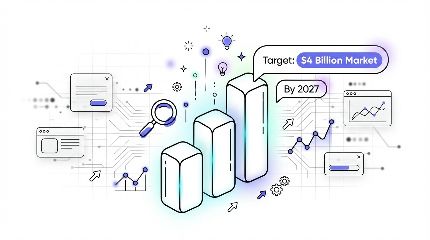 A modern tech-themed infographic featuring a bar chart that highlights a projected $4 billion market by 2027, with glowing digital elements and abstract data streams.