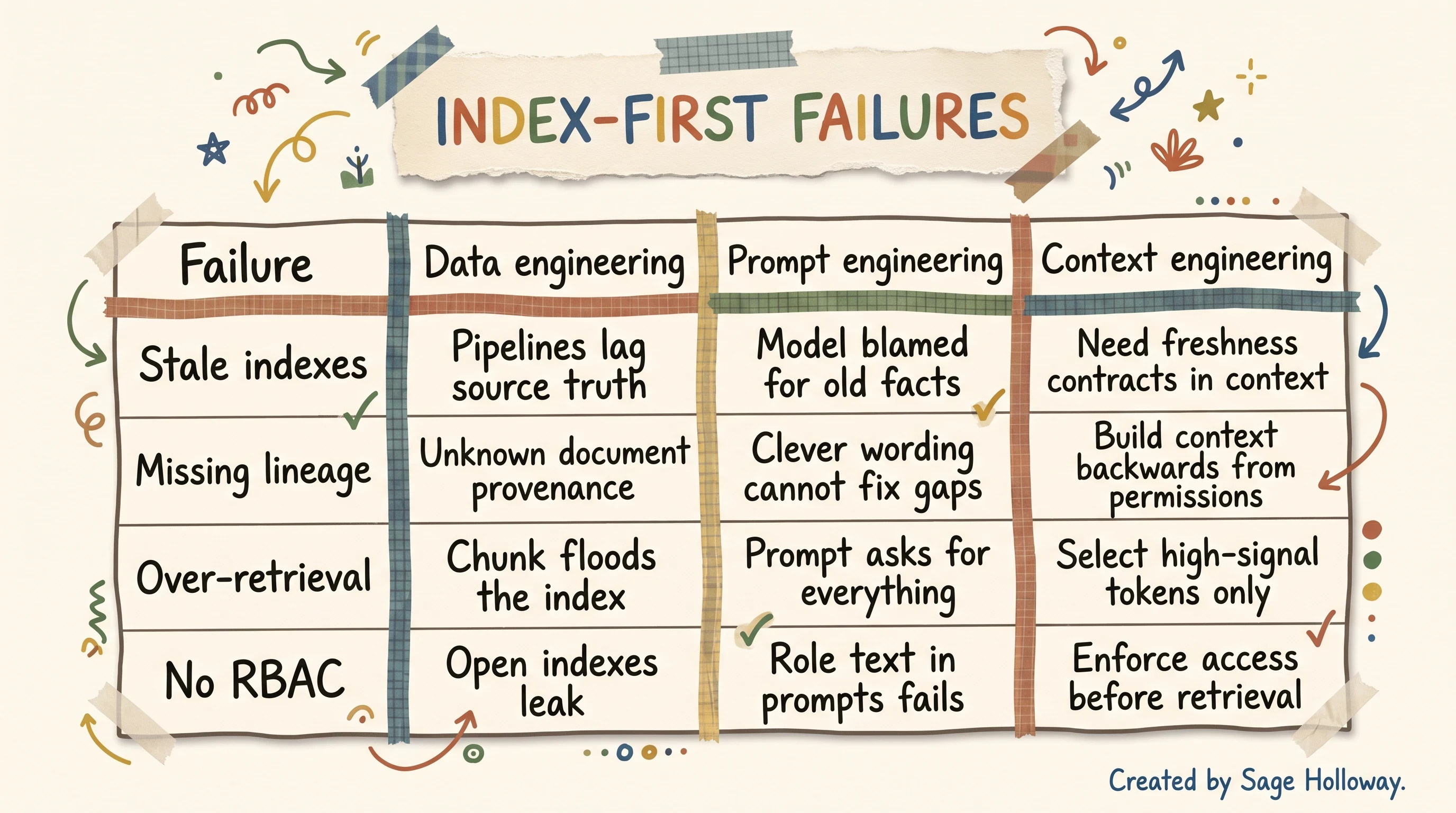 Matrix of Index-First RAG failure modes across data engineering prompt engineering and context engineering