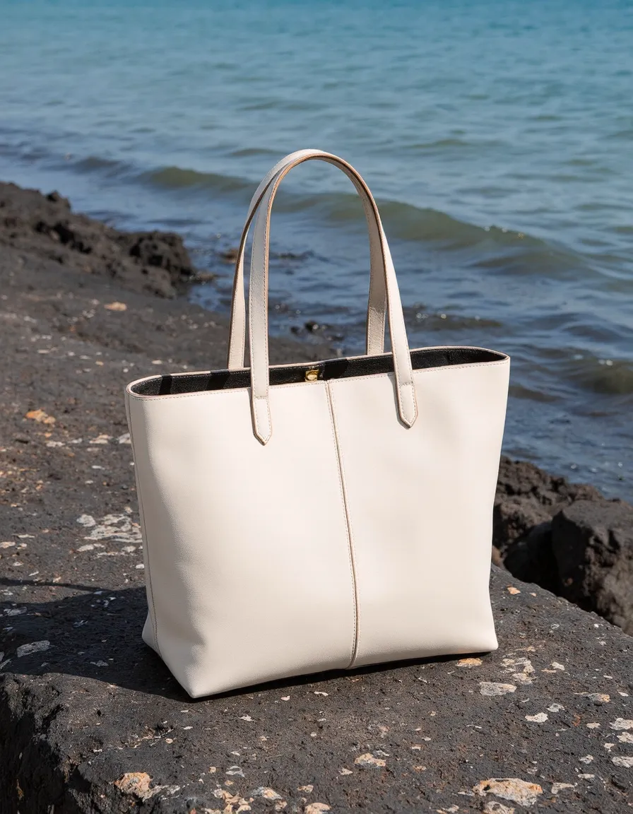 Elegant white leather tote bag positioned on dark rocky shore with gentle turquoise waves in the background, perfect for summer styling
