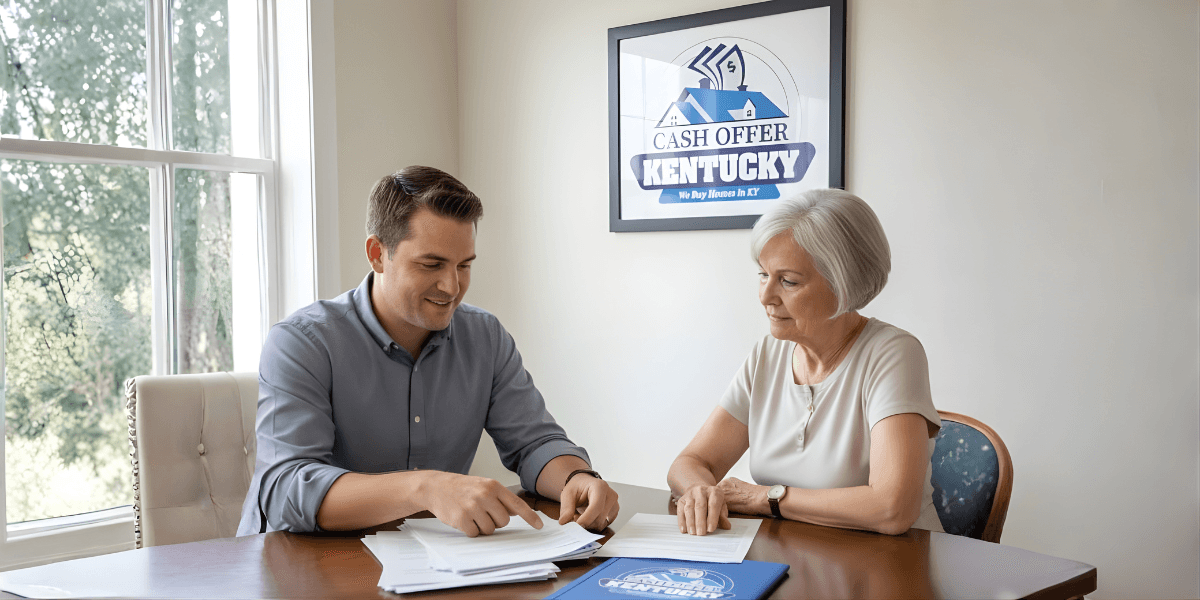 A man and woman sit at a table reviewing papers, with a "Cash Offer Kentucky" sign visible on the wall behind.
