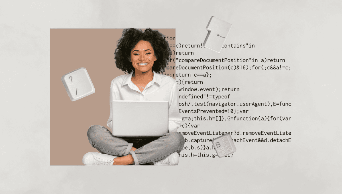 Person sitting cross‑legged with a laptop surrounded by floating code snippets and keyboard symbols.
