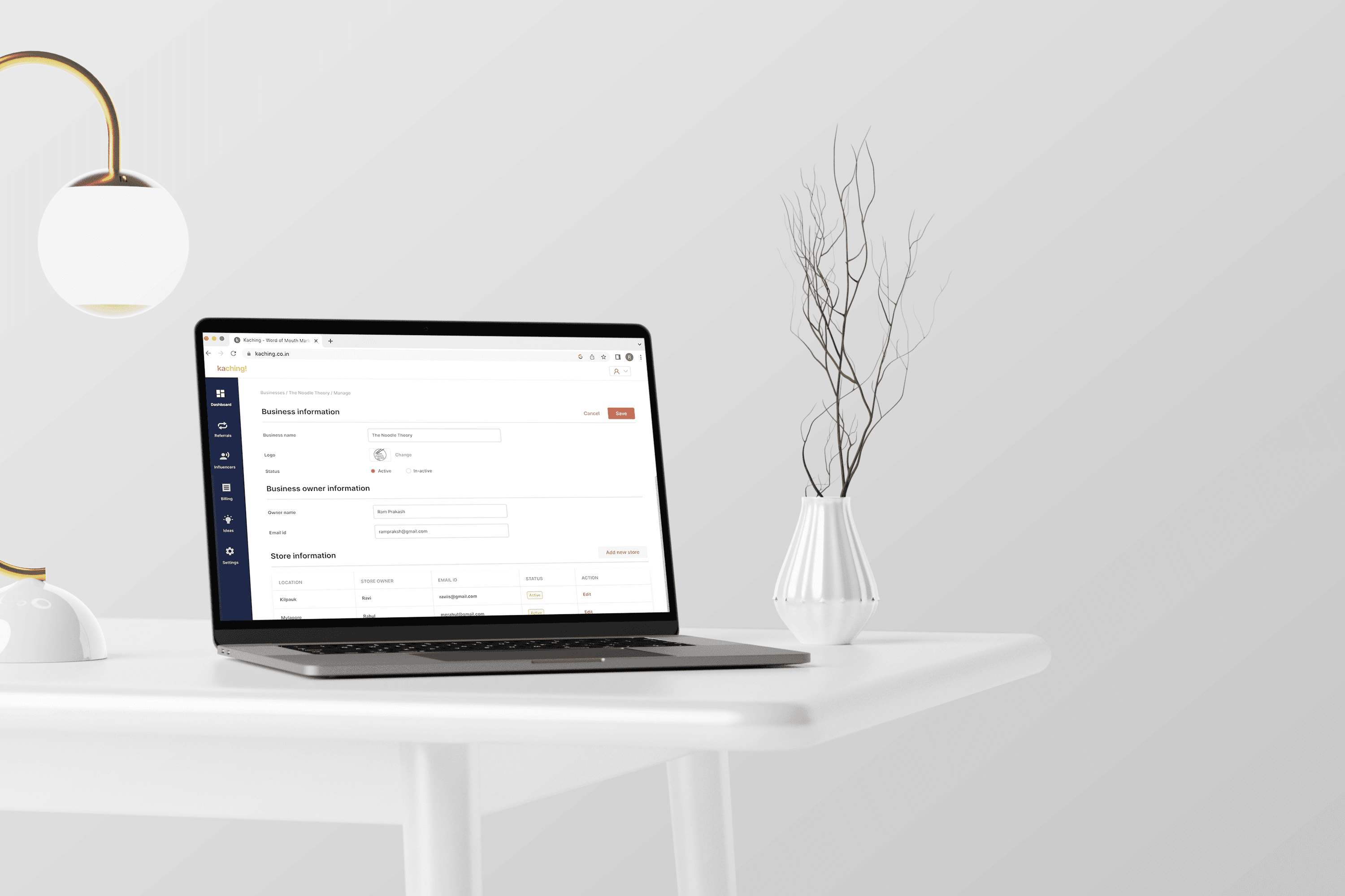 Business information screen in Kaching app