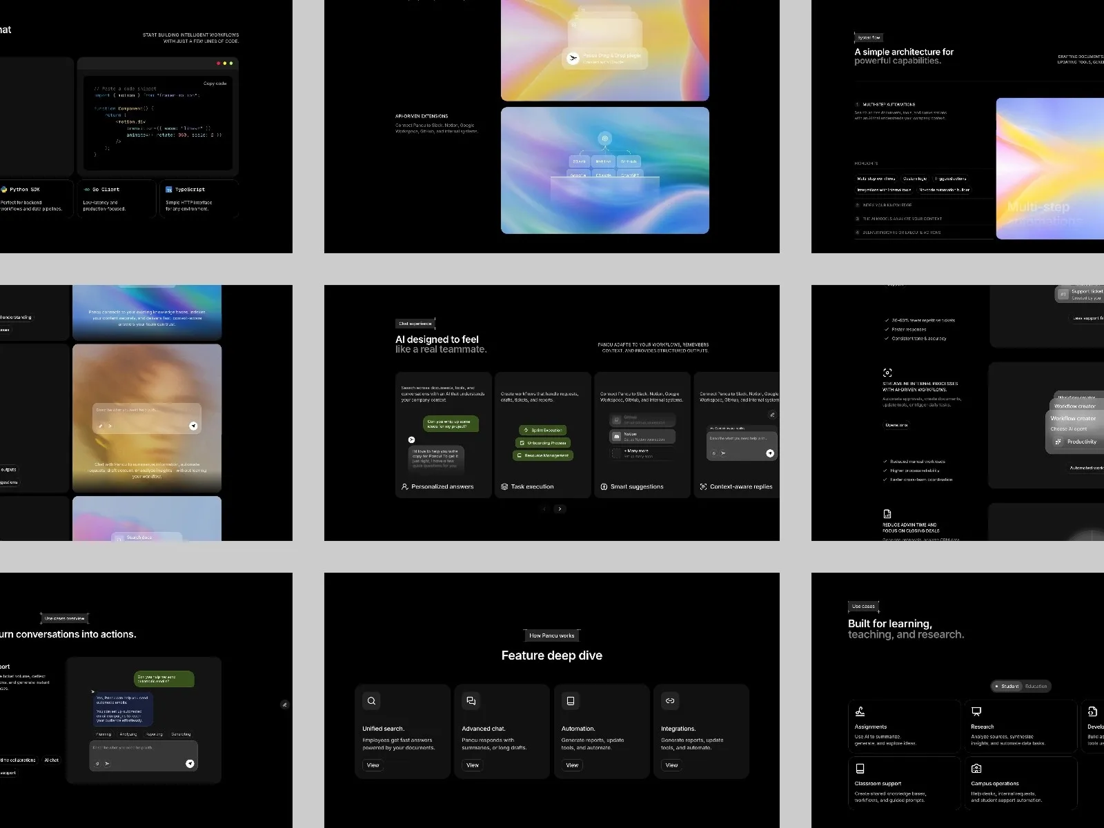 Grid of dark-themed UI screenshots with colorful highlights and text elements.