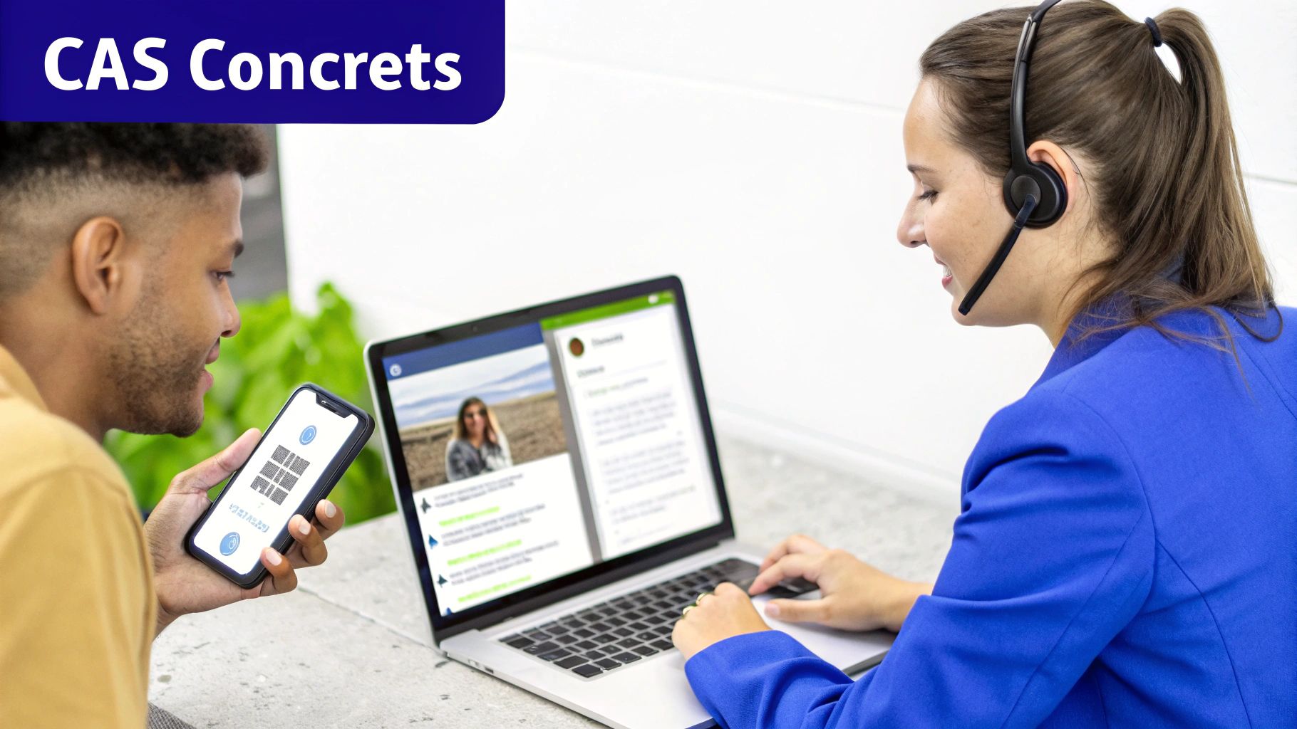 Un homme utilisant un smartphone et une femme avec un casque utilisant un ordinateur portable pour une assistance numérique.