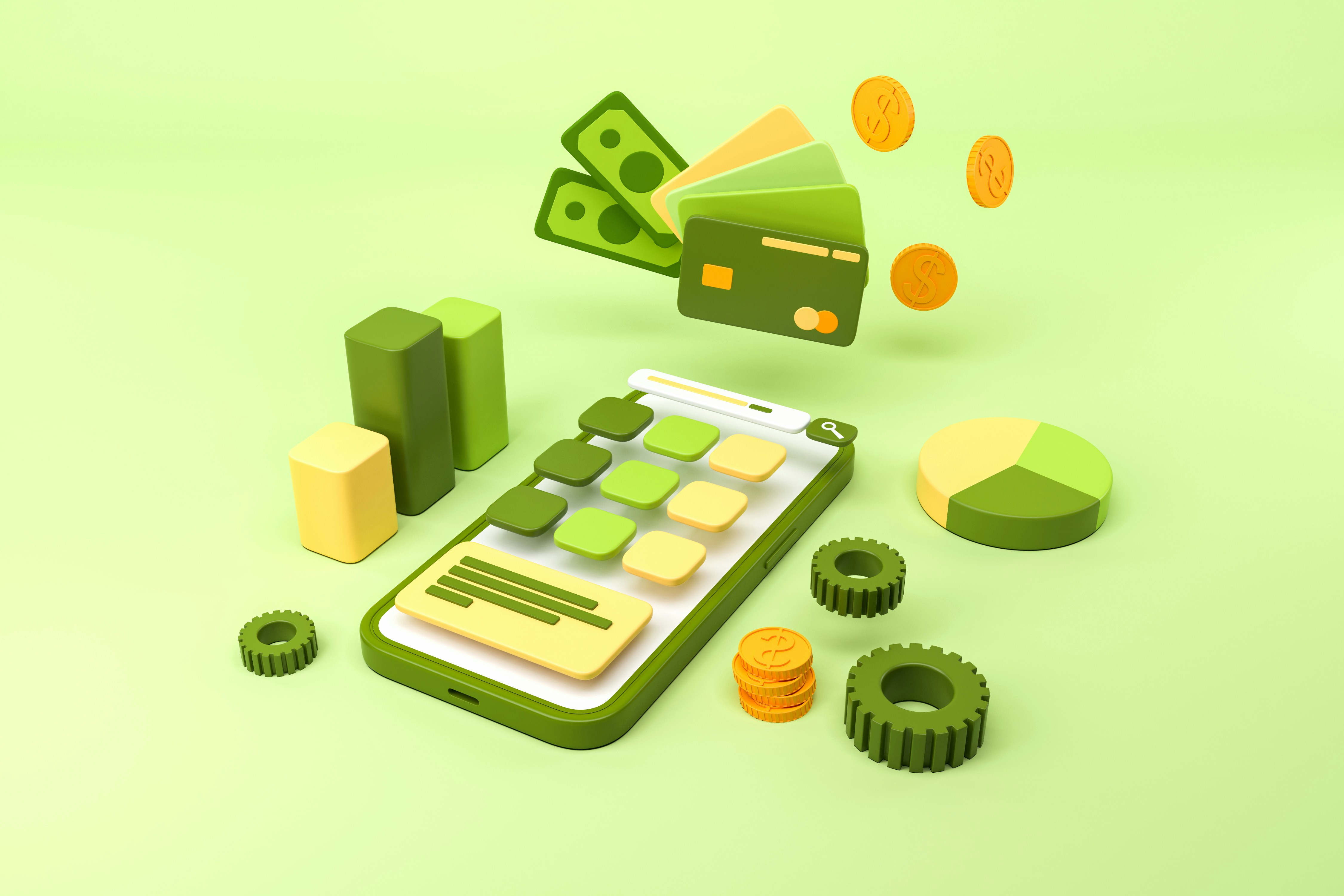 A budgeting app surrounded by money, a pie chart, and a bar chart.