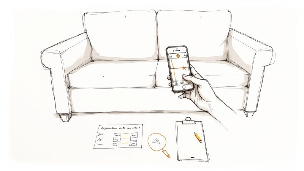 A hand holds a smartphone with a measurement app, next to a sketch of a couch and planning tools.