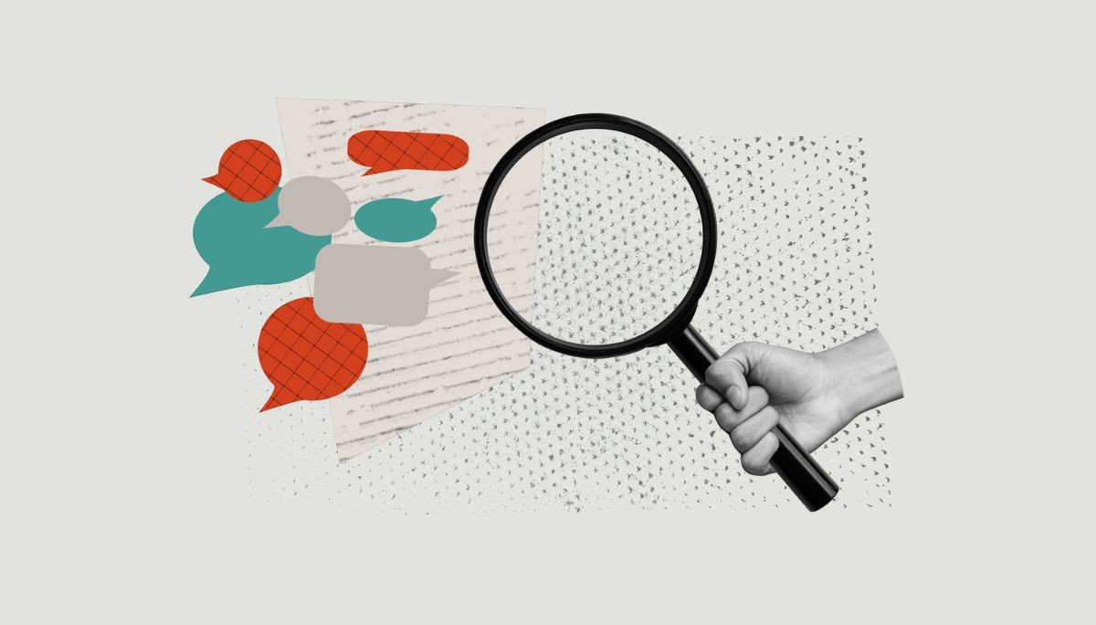 Collage of magnifying glass over speech bubbles and paper, symbolizing employment verification letters and how to write them.