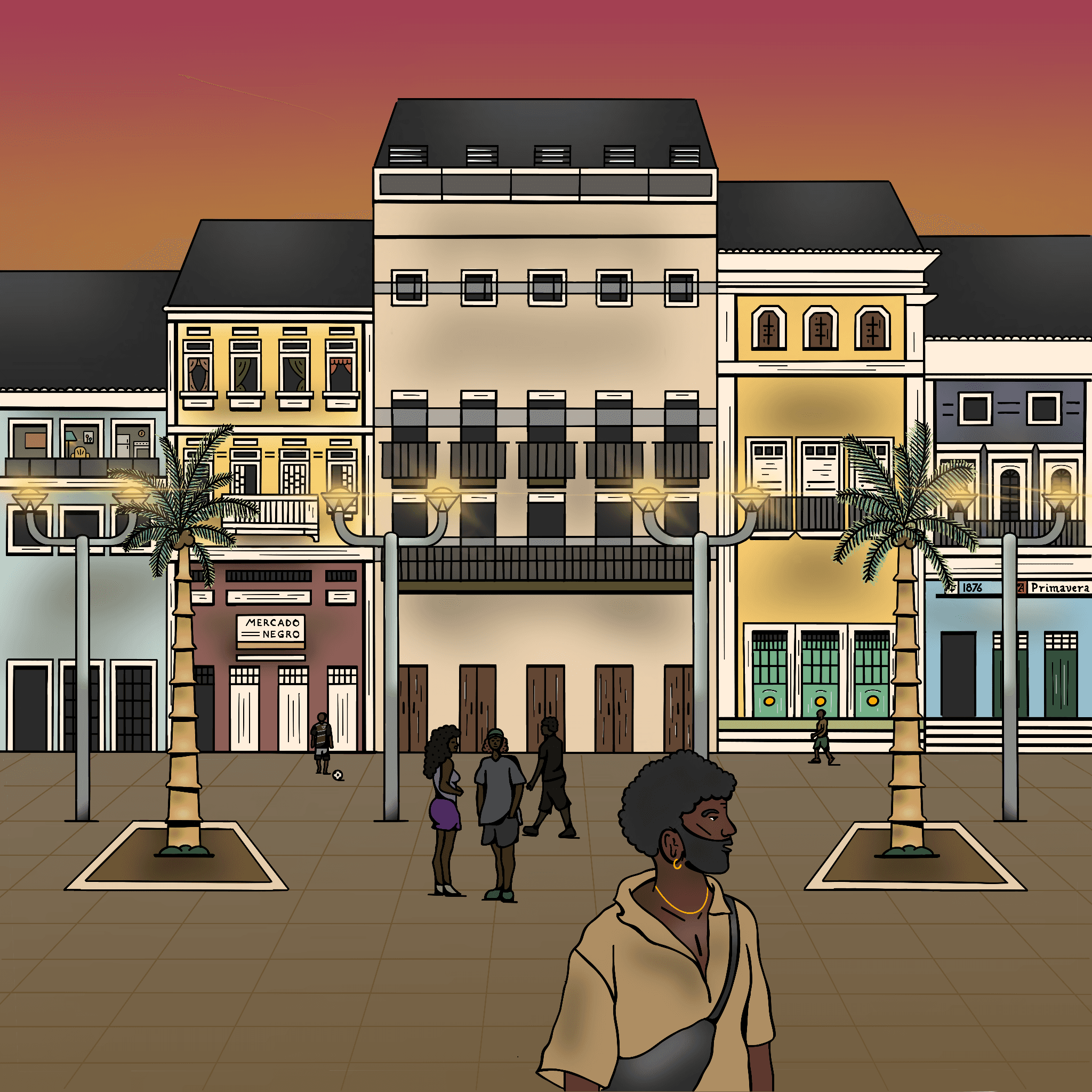 Illustration of the city square in Bahia and it shows the hustle and bustle of the promenade on a summer evening.