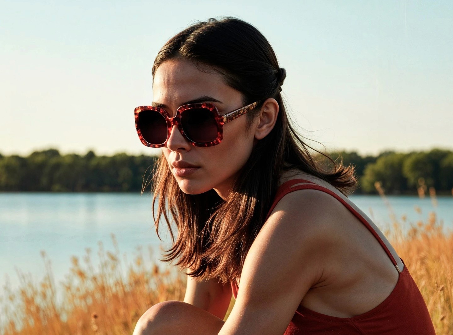 A woman wearing large sunglasses and a sleeveless top sits by a tranquil lake, with tall grass and distant trees visible under a clear blue sky, evoking a serene outdoor scene.