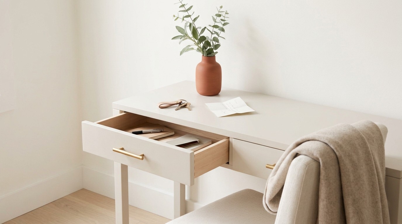 A bright entryway console with one drawer open mid-sort, keys and a folded note on top, and a coat over the chair beside it.
