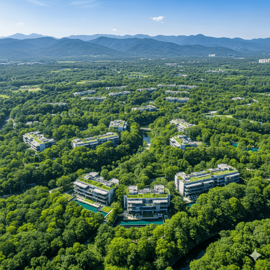 Aerial view of luxury forest-themed residences in Gurgaon.