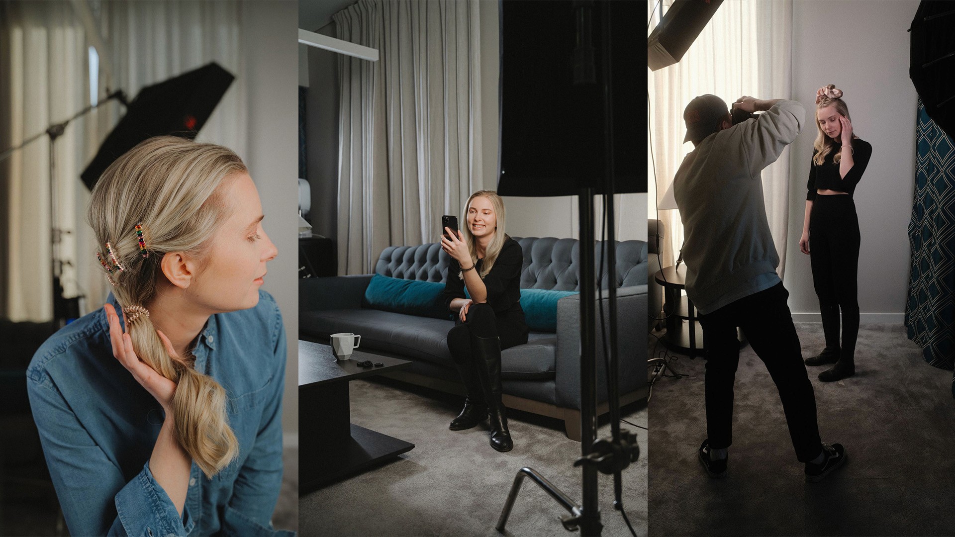 invisibooble hair gadget, photographer doing a portrait, pastel colors