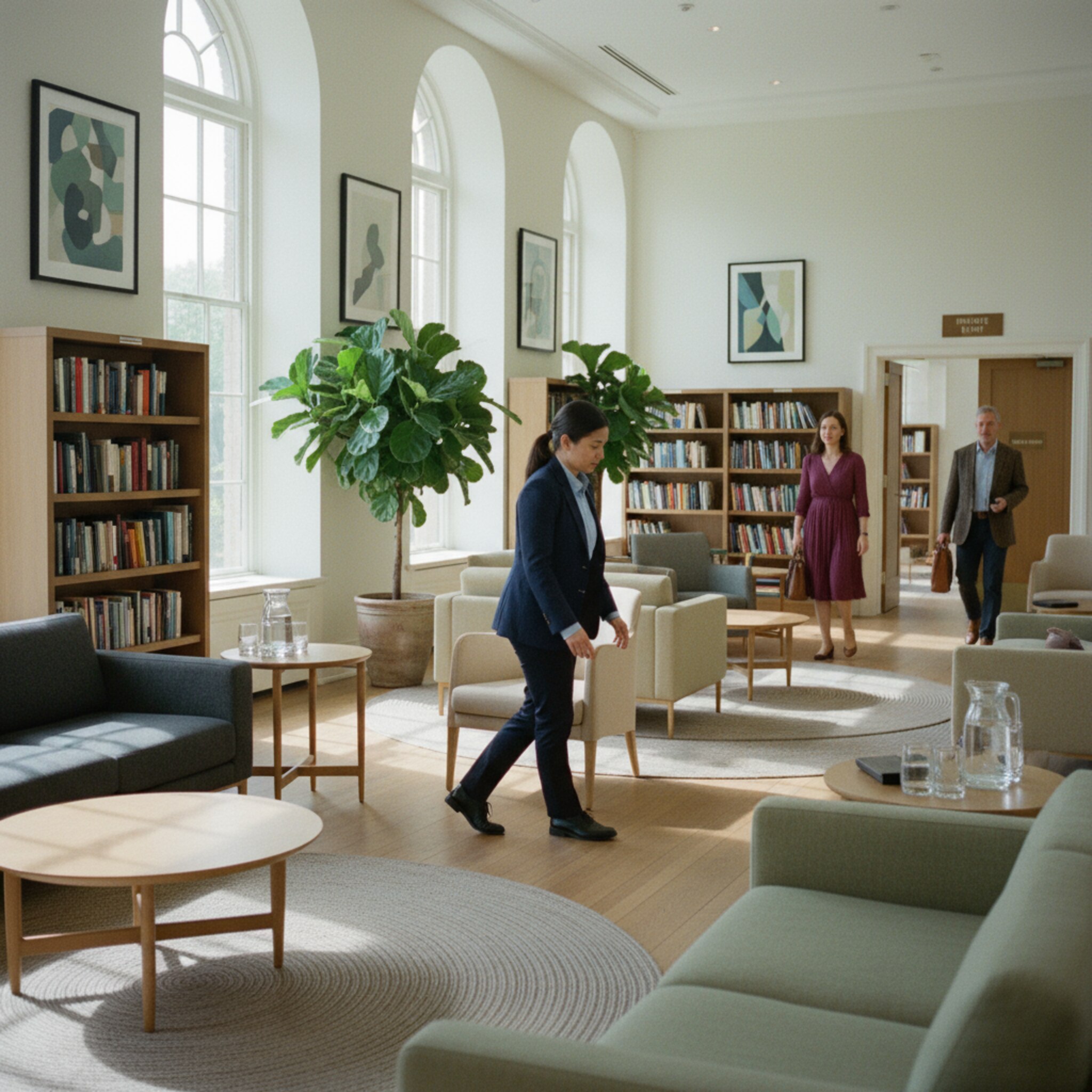 Eine ruhige Bibliotheks-Lounge mit weichen Sofas und runden Tischen füllt sich langsam. Auf einem Beistelltisch stehen Karaffen und Wasserläufe schimmern im Glas. Ein Mitarbeiter rückt still einen Sessel zurecht. Der Raum wirkt einladend und klar arrangiert, bereit für eine private Reservierung.