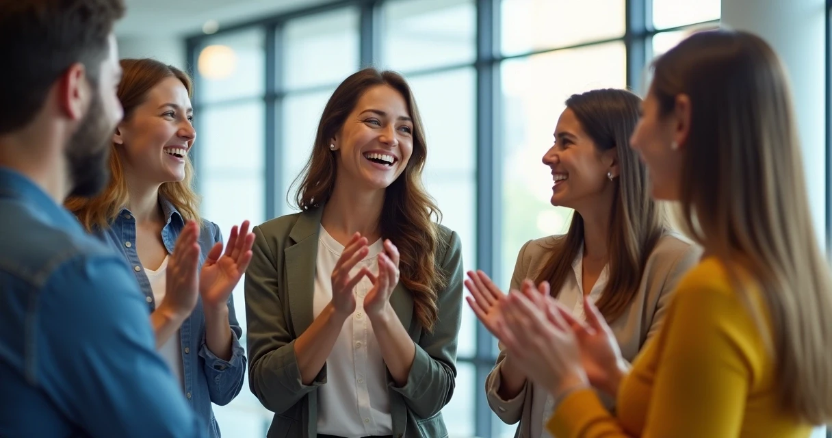 Time celebrando reconhecimento em ambiente de trabalho