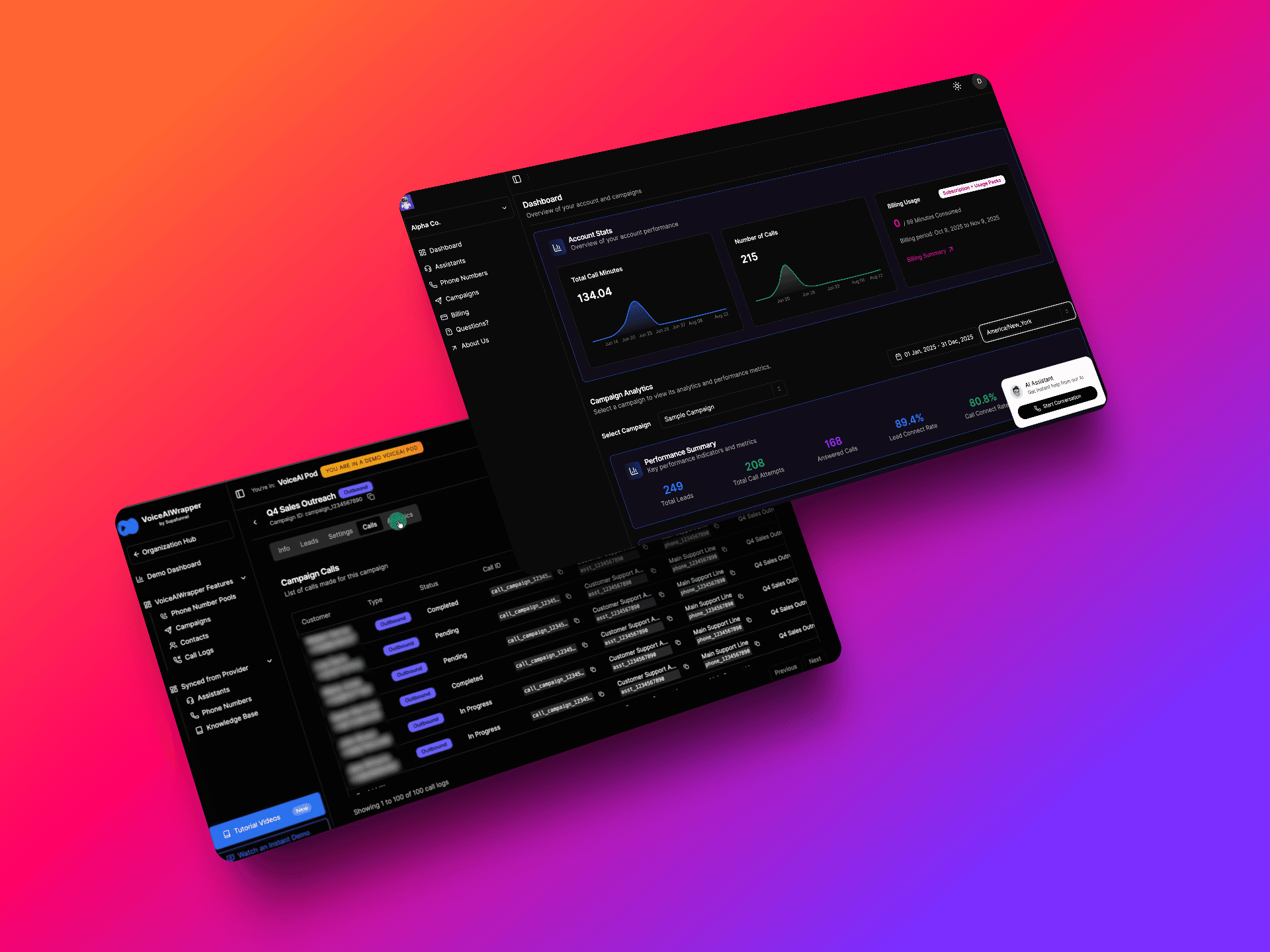 AI voice assistant with detailed call analytics dashboard showing campaign performance metrics, answered/bounced/voicemail calls with 216 total calls, real-time analytics graphs, campaign call logs, and comprehensive call tracking | VoiceAIWrapper