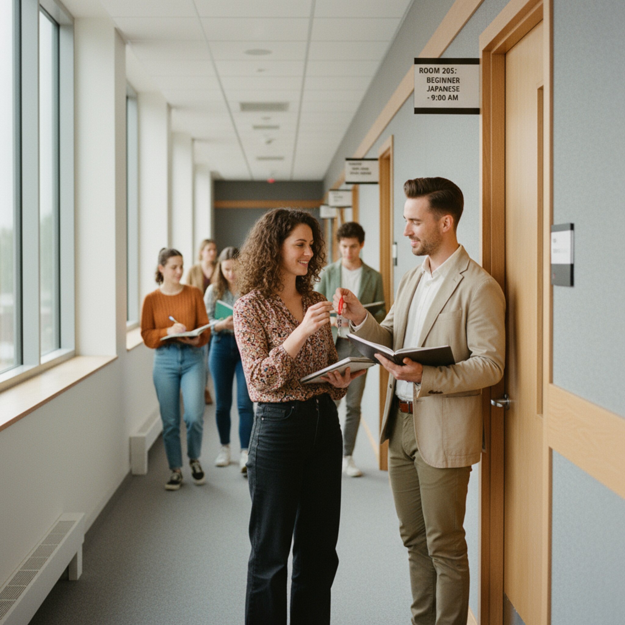 Ein Flur mit beschrifteten Türen, dahinter starten nacheinander Kurse. Eine Dozentin tauscht kurz Schlüssel mit einem Kollegen, beide lächeln. Auf einem schlichten Aufsteller steht Raumname und Beginnzeit. Alles wirkt koordiniert, Wege sind kurz, der Wechsel gelingt nahtlos.