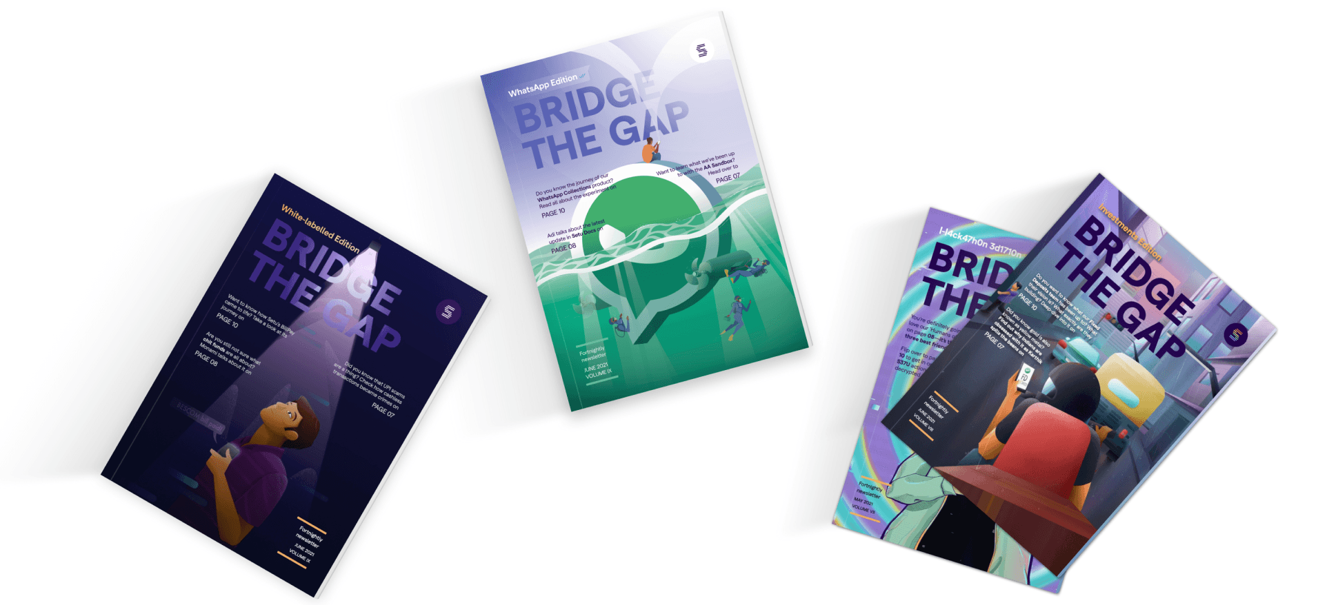 "Bridge the Gap" magazine covers with eye-catching illustrations on a white background.
