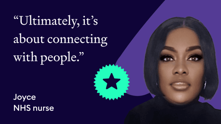 Joyce, a Florence Star Award winner and NHS nurse, on a dark purple background with a star icon and the quote "Ultimately, it's about connecting with people."