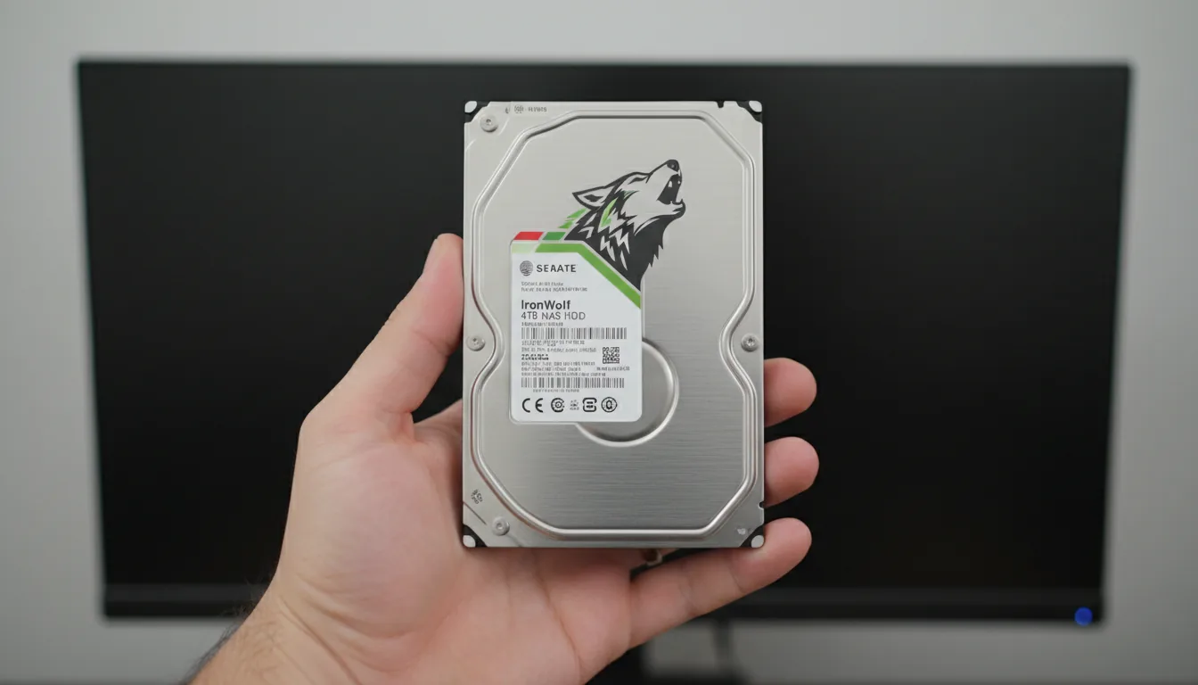 DSLR photograph of a hand holding a Seagate IronWolf 3.5-inch internal hard drive, held up in front of a dark, matte computer monitor. The focus is sharp on the drive's brushed silver metal casing and its prominent label, which features green, black, and red branding with a stylized wolf logo, abstracted text lines, and barcodes. The scene is illuminated by clean, soft studio lighting, creating a shallow depth of field that blurs the background.