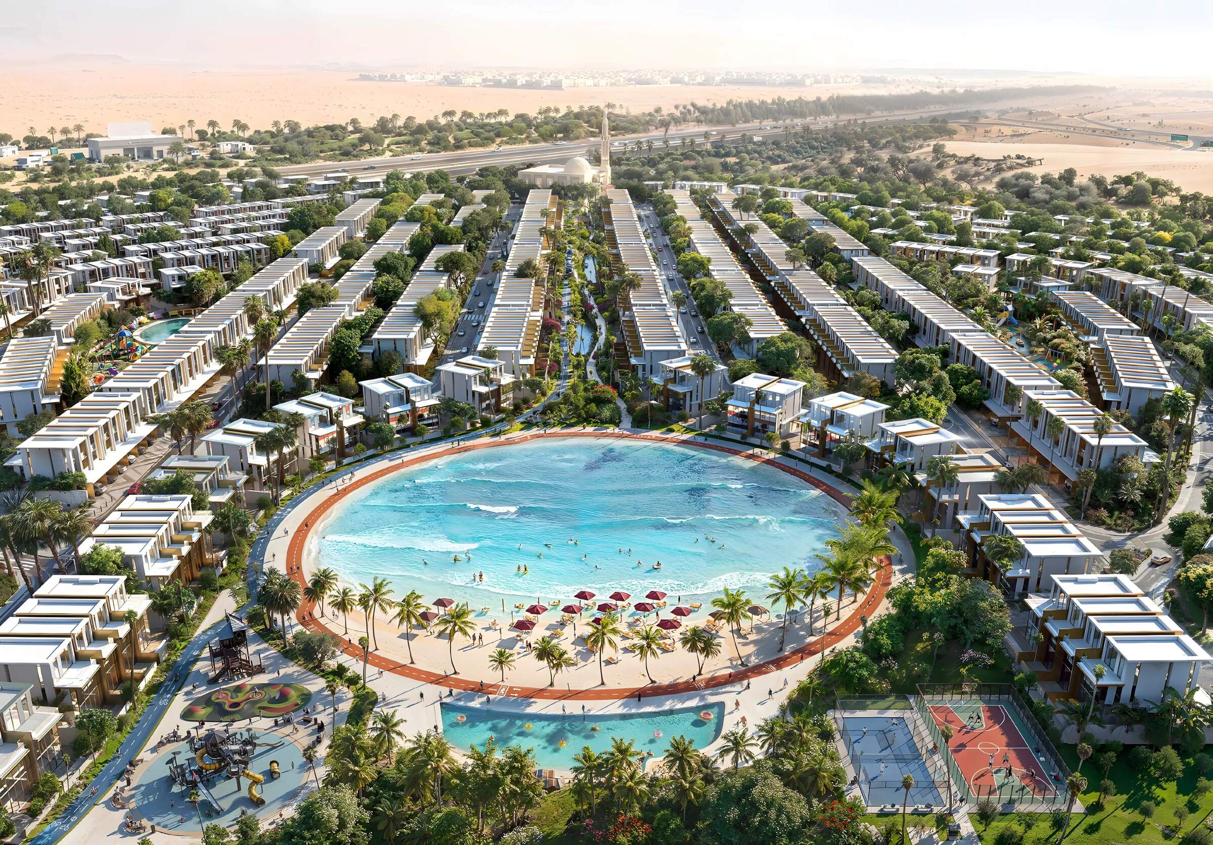 Cycle paths and premium community tracking near modern glass villas for sale.