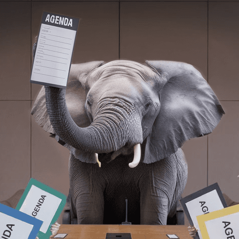 Team meeting leader is an elephant while everyone at the table has different agendas