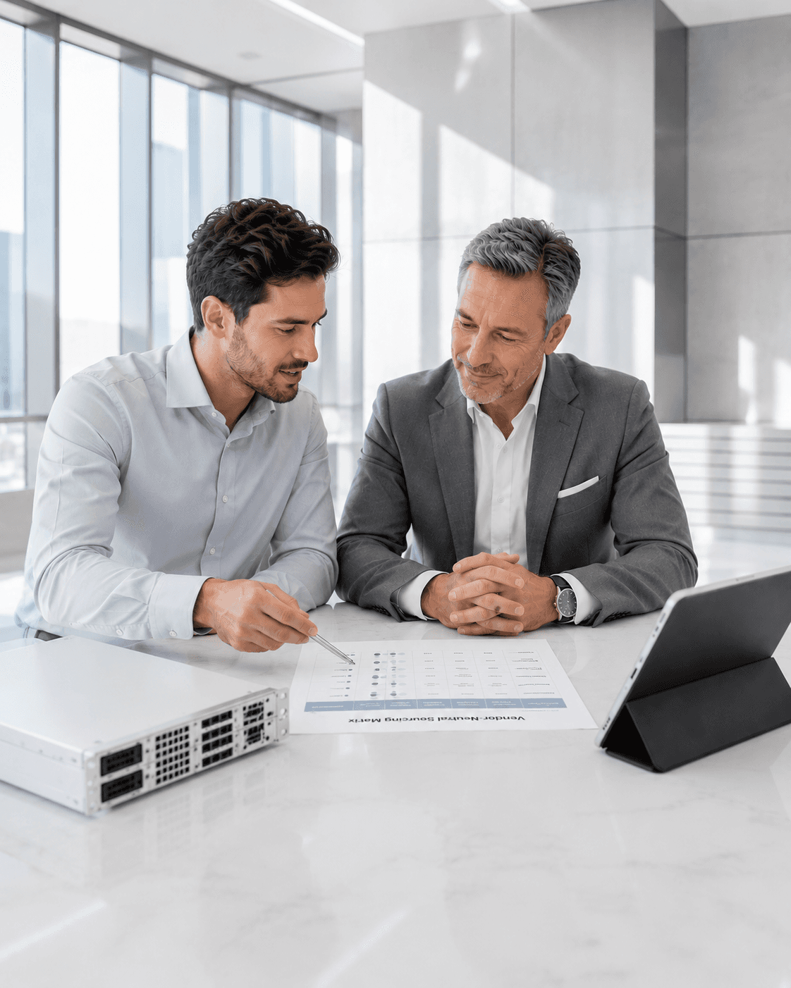 IT advisors reviewing a vendor-neutral hardware sourcing matrix beside a server and tablet.