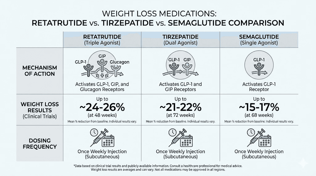 Retatrutide versus tirzepatide versus semaglutide comparison chart
