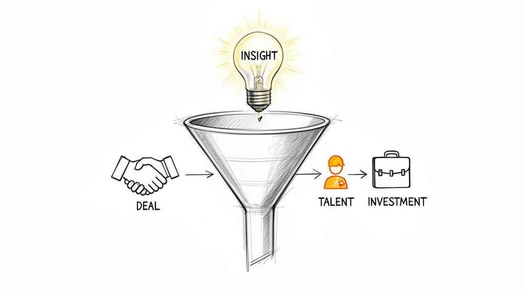 A visual metaphor of a business funnel, showing 'INSIGHT' and 'DEAL' entering, yielding 'TALENT' and 'INVESTMENT'.