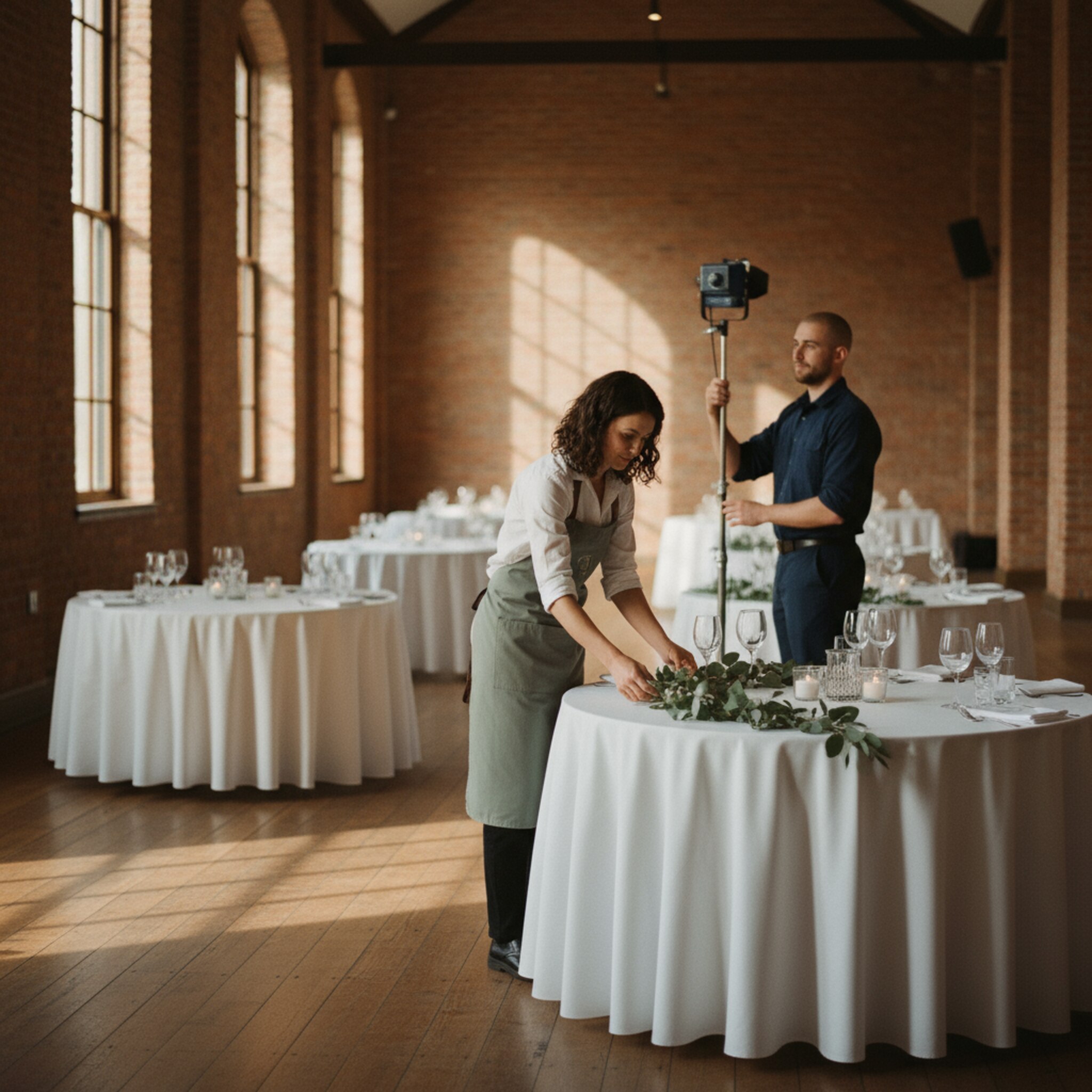 Ein hoher Saal mit Backsteinwänden liegt im warmen Abendlicht. Rundtische sind mit weißen Decken, schlichten Kerzen und polierten Gläsern eingedeckt. Eine Floristin legt die letzte Eukalyptusgirlande, während ein Techniker unauffällig ein Lichtstativ ausrichtet. Die Atmosphäre wirkt ruhig, fokussiert und bereit für Gäste.