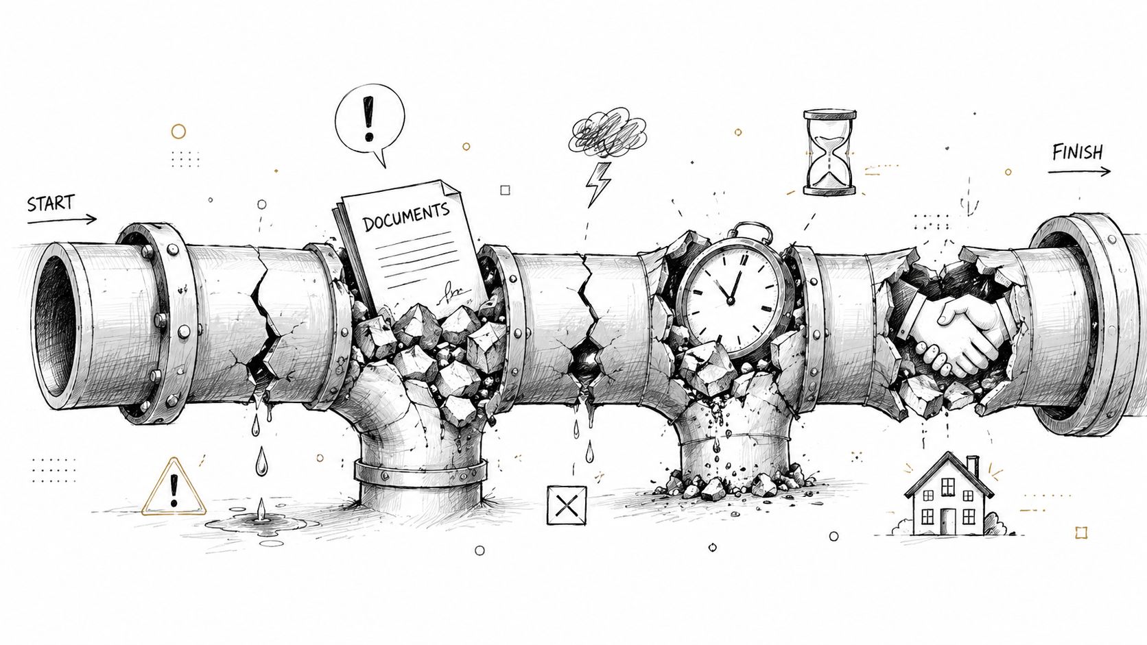 A pencil sketch illustrating a broken pipeline representing a difficult home closing timeline with documents and hurdles.