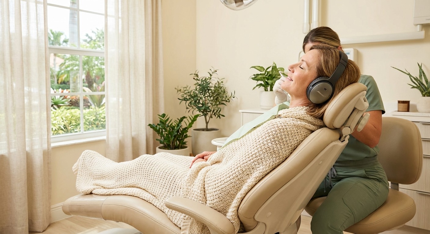 A dental patient wearing noise-canceling headphones appearing relaxed during a modern dental procedure
