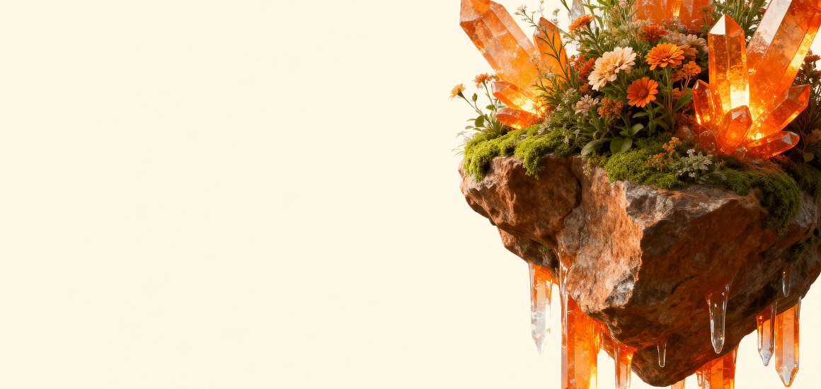 A surrealist 3D digital illustration of a floating rock island against a light cream background. The top of the rock is covered in lush green moss and vibrant orange and white wildflowers, interspersed with large, glowing orange translucent crystals. Similar long crystals and drips hang from the bottom of the rugged rock, appearing to glow from within