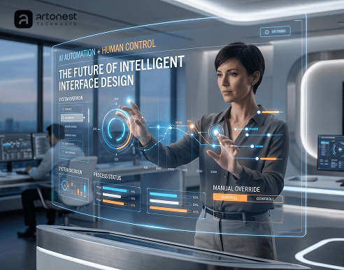 Futuristic AI a designer interacting with transparent automation dashboards and manual control elements, representing intelligent UI design by Artonest Design Studio