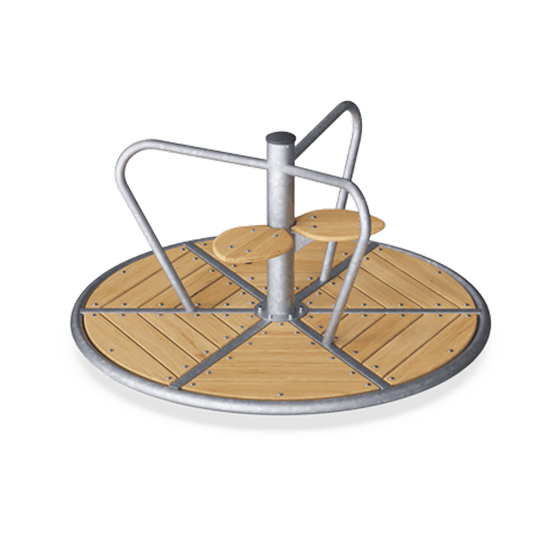 A modern playground with grassy mounds and red tunnels is surrounded by tall buildings and lush green trees, under a clear blue sky with a purple ribbon design.