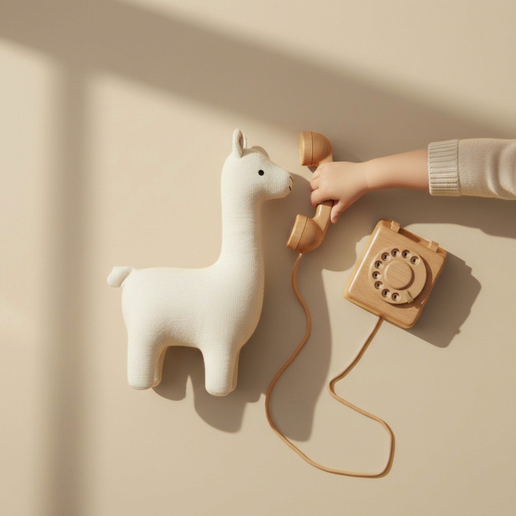 Toddler holding a wooden cable telephone for their lama toy.