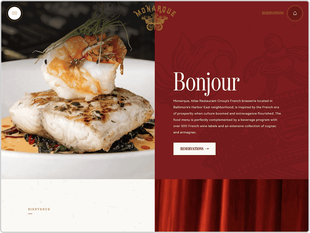 A grilled fish fillet topped with a shrimp is plated on sautéed vegetables, next to a red section with text about Monarque, a French brasserie, and a Reservations button.