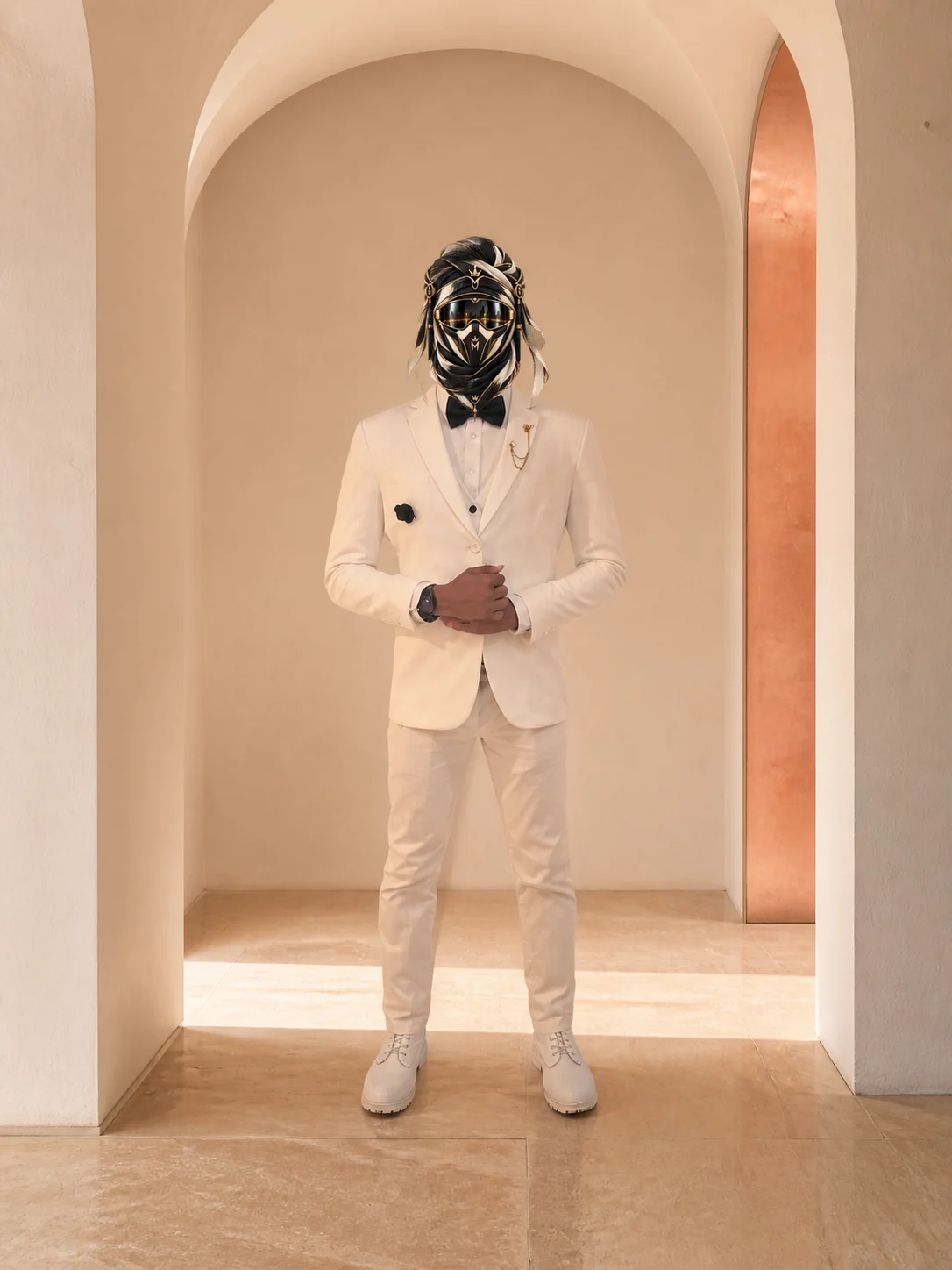 Full-length view of Soft Neutrals, a pale beige and ivory two-piece suit worn with dark shoes, with the official Marzelest face covering.