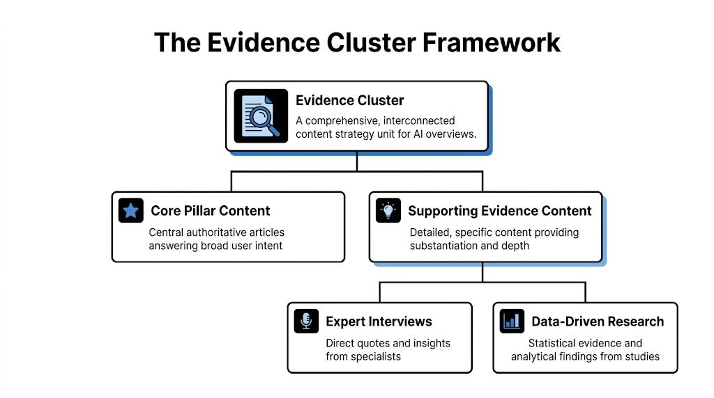 A diagram illustrating the Evidence Cluster Framework, showing core pillar content and supporting evidence content structure.