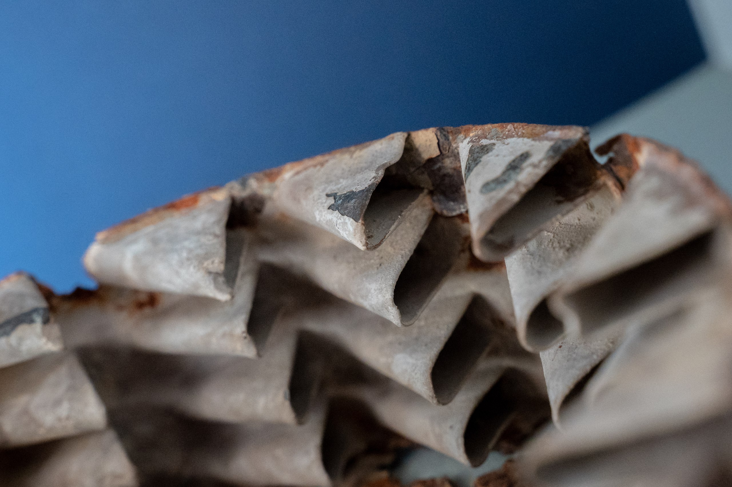 Dettaglio di una ruota pescante per bagnatrice gravemente corrosa, in fase di analisi per la ricostruzione del componente.