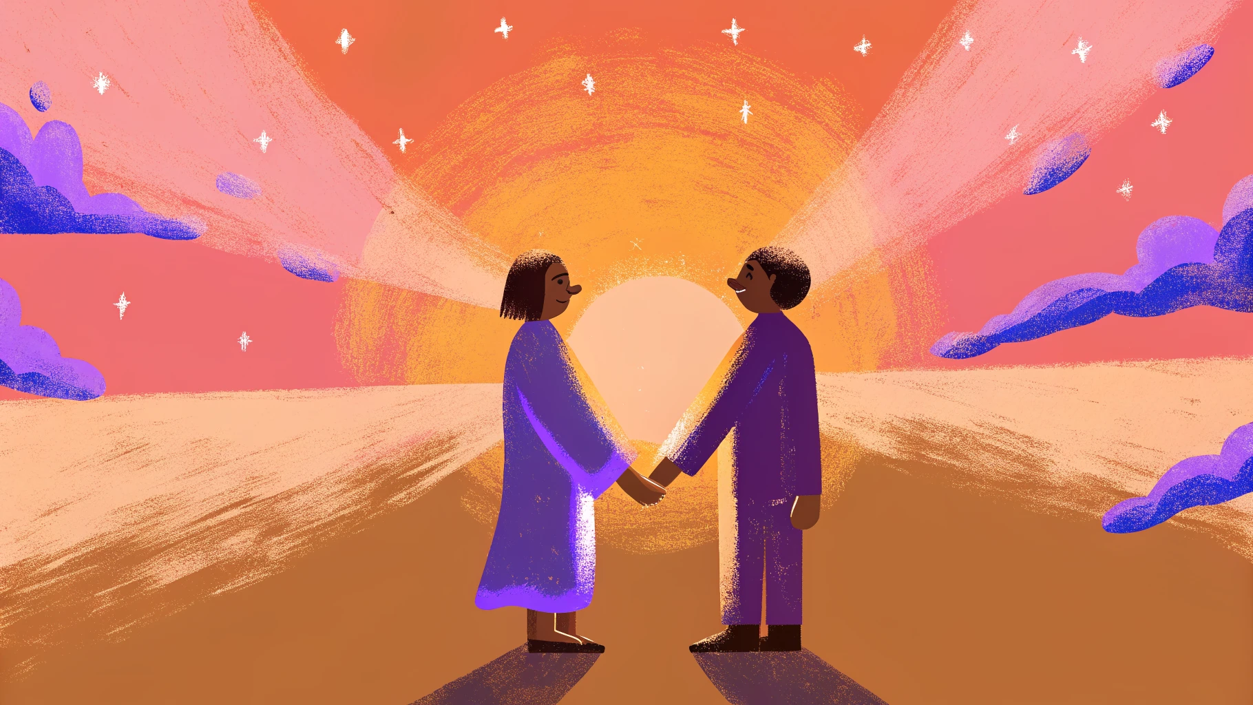 Two figures facing each other with warm glowing energy flowing between their extended hands – Movement Wisdom