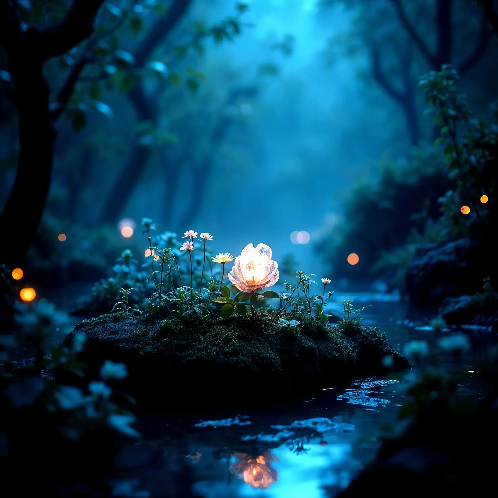 Main Title: We Only Get Paid When You Do! Subtitle: From micro-level bidding to algorithmic domination – we only get paid when you do. Experience a full-spectrum, AI-engineered ad performance designed to scale your brand beyond human limits. Background: A serene, somewhat magical forest scene at night, with glowing particles in the air and a stream flowing through it.