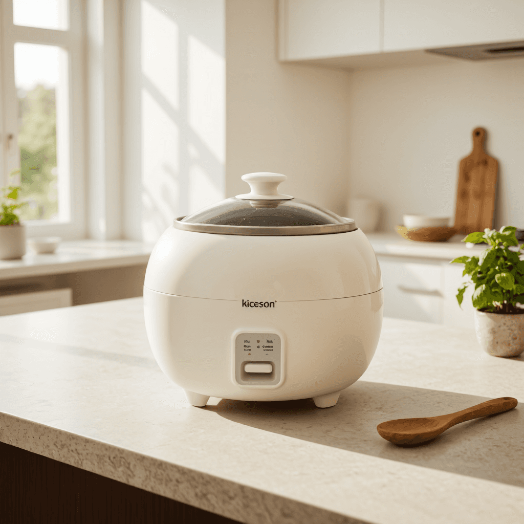 product photography of a rice cooker with a sleek, rounded design