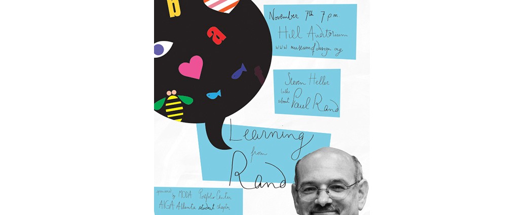 A poster made from colorful stickers and a black and white photo of a man wearing glasses.